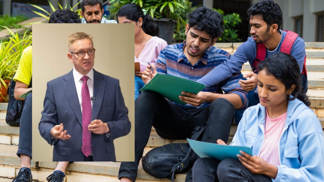 Image: Assistant Minister for International Education Julian Hill (Source: Facebook) and Representative image: International students (Source: CANVA)