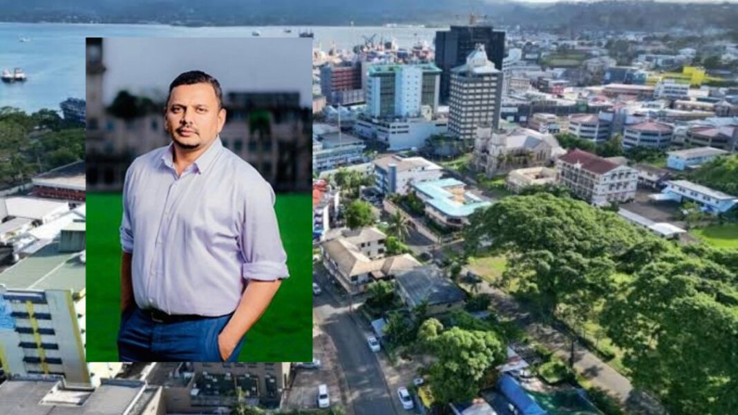 File image: Fijian businessman Div Damodar (Source: FijiVillage screnshot) and Suva City (Source: Discover Fiji)