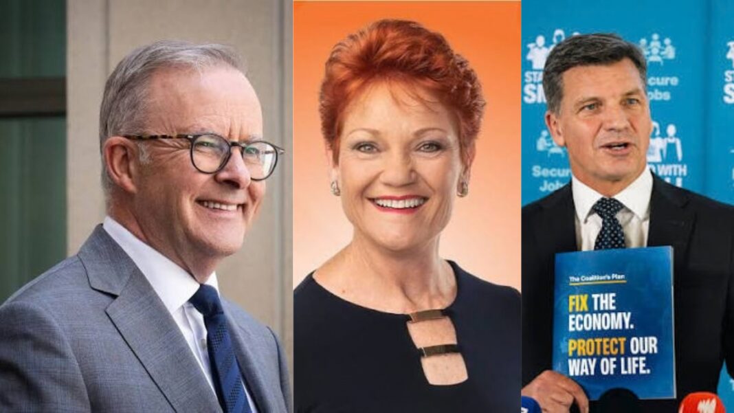 Image: Prime Minister Anthony Albanese, Senator Pauline Hanson and Angus Taylor MP (Source: Fcaebook)