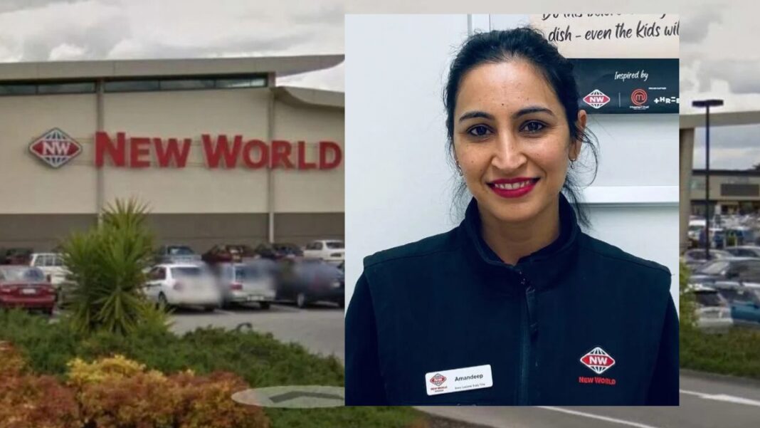 Image: New World Rototuna checkout manager Amandeep Kaur Singh (Source: Waikato Times screenshot)