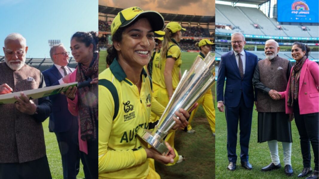 Image: Lisa Sthalekar with Prime Ministers Anthony Albanese and Narendra Modi (Source: Instagram)