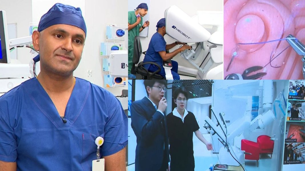 Image: Sydney surgeon Associate Professor Ruban Thanigasalam has controlled a robot remotely carrying out a cancer surgery in Shanghai (Source: 7NEWS)