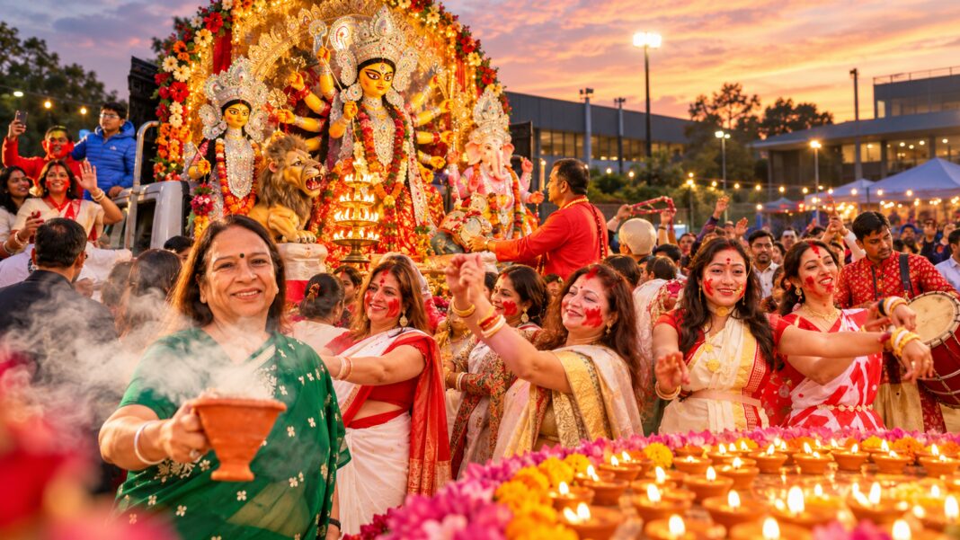 Dusk Durga Puja Celebration with Aarti; Image Source: AI-generated editorial illustration by The Australia Today from supplied material Dusk Durga Puja Celebration with Aarti; Image Source: AI-generated editorial illustration by The Australia Today from supplied material