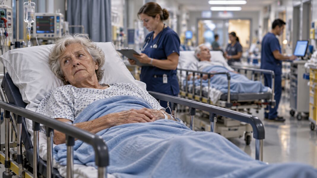 Elderly patients await hospital beds Elderly patients await hospital beds: Image Source: AI-generated editorial illustration by The Australia Today