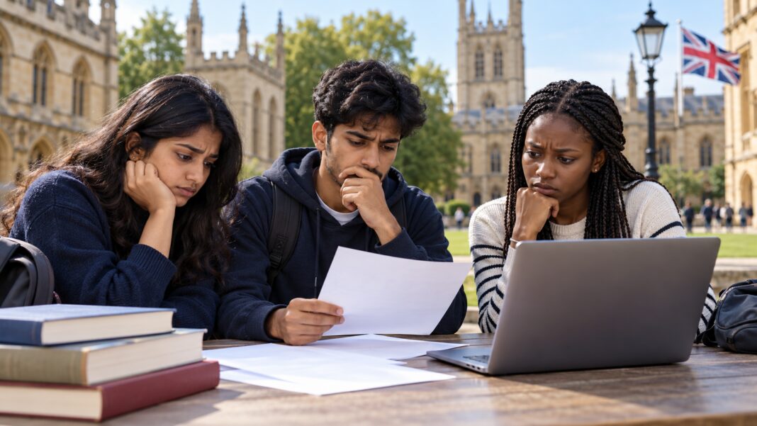 International students review paperwork on UK campus; Image Source: AI-generated editorial illustration by The Australia Today International students review paperwork on UK campus; Image Source: AI-generated editorial illustration by The Australia Today